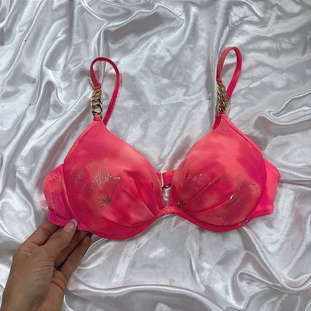 Vintage Tara Grinna Bikini Top Pink Excellent Gold Chain Shell Tie Dye 34